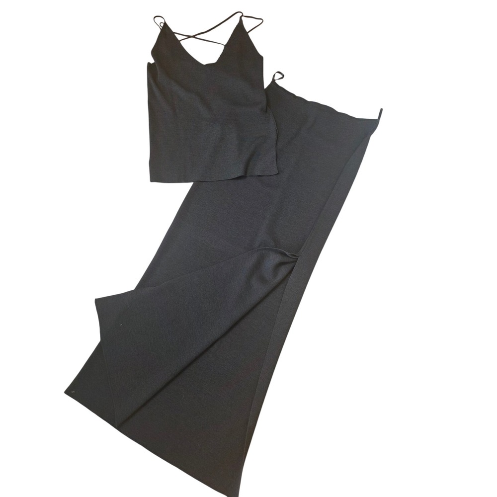 Cividini Black Wool Knit 2 Piece Set Camisole Maxi Skirt Slit Made in Italy 42